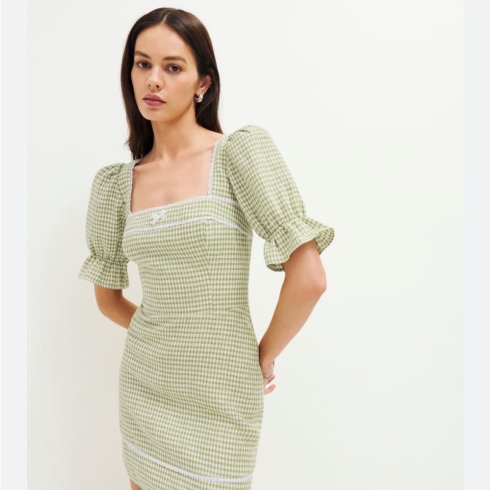 NWT Reformation evianna linen dress avocado check size 6